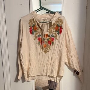 Embroidered Cream Peasant Blouse with Floral Detail